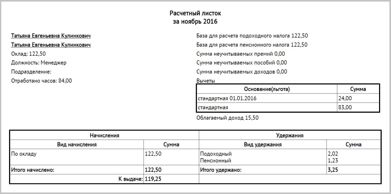 Лист заработной платы